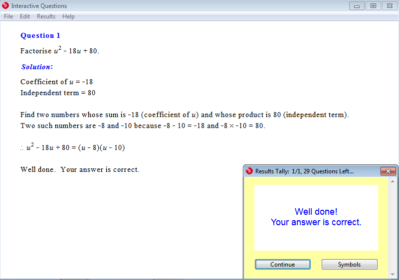 Solution for a question from Year 9 Interactive Maths, Chapter 8: Factors, Exercise 18: Factorisation of Quadratic Trinomials.