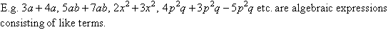 Examples of algebraic expressions consisting of like terms.