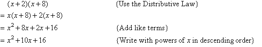 The usual way of setting out the solution to expanding a binomial product using the Distributive Law.