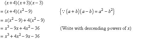 (x + 4)(x + 3)(x - 3) is expanded by first using the difference of two squares formula to expand (x + 3)(x - 3). Then the Distributive Law is applied to expand the resulting binomial product.  The solution is written in descending powers of x.