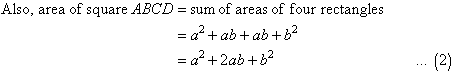 Also, area of square ABCD = sum of four rectangles = a squared + 2ab + b squared
