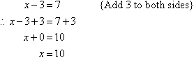 Add 3 to both sides to find x = 10.