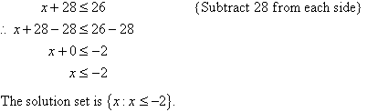Subtract 28 from each side to find x <= -2. The solution set is {x : x <= -2}.