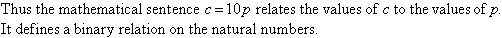 Thus the mathematical sentence c = 10p relates the values of c to the values of p. It defines a binary relation on the natural numbers.