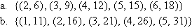 (a)  {(2,6), (3,9), (4,12), (5,15), (6,18)}     (b)  {(1,11), (2,16), (3,21), (4,26), (5,31)}