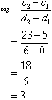 m = (c2 - c1) / (d2 - d1) = (23 - 5) / (6 - 0) = 18 / 6 = 3