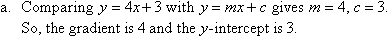 (a)  Comparing y = 4x + 3 with y = mx + c gives m = 4, c = 3.  So, the gradient is 4 and the y-intercept is 3.