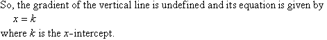So, the gradient of the vertical line is undefined and its equation is given by x = k where k is the x-intercept.