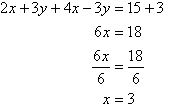 2x + 3y + 4x - 3y = 15 + 3, so we find x = 3