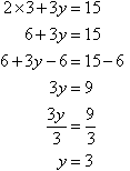 2(3) + 3y = 15, so we find y = 3