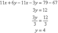 11x + 6y - 11x - 3y = 79 - 67, so we find y = 4