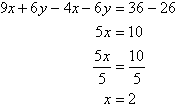 9x + 6y - 4x - 6y = 36 - 26, so x = 2
