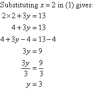 Substituting x = 2 in (1) gives 2(2) + 3y = 13, so we find y = 3