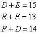 D + E = 15, E + F = 13, F + D = 14