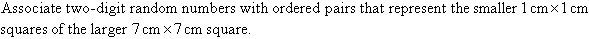 Associate two-digit random numbers with ordered pairs that represent the smaller 1 cm by 1 cm squares of the larger 7 cm by 7 cm square.