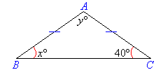 Triangle ABC is an isosceles triangle with base angles x degrees and 40 degrees and a third angle of y degrees.