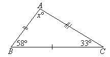 Triangle ABC has one unknown angle of size x degrees and two known angles of size 58 degrees and 33 degrees.