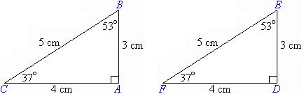 Triangle ABC and DEF have corresponding sides of 3 cm, 4 cm and 5 cm length.  The two triangles also have corresponding angles of size 37 degrees, 53 degrees and 90 degrees.