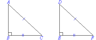 Triangle ABC and DEF have equal hypotenuses and one pair of corresponding sides that are equal.