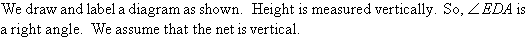 We draw and label a diagram as shown.  Height is measured vertically.  So, angle EDA is a right angle.  We assume that the net is vertical.