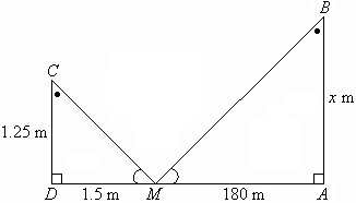 Triangle MDC has a height of 1.25 m and a base of 1.5 m.  Triangle MAB has an unknown height of x m and a base of 180 m.