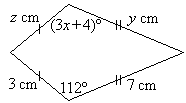 A kite has markings that show z cm = 3 cm and y cm = 7 cm.  Two angles of size 112 degrees and (3x + 4) degrees are also shown.