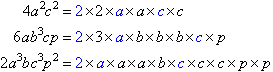 The three expressions expressed as the product of prime factors.