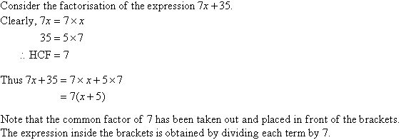 The factorisation (factorization) of 7x + 35 is 7(x + 5).