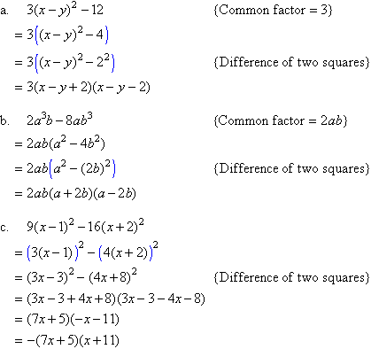 Take out the common factor and then apply the difference of two squares formula to factorise (factorize) three expressions.
