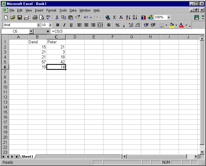 Data entered into a Microsoft Excel spreadsheet