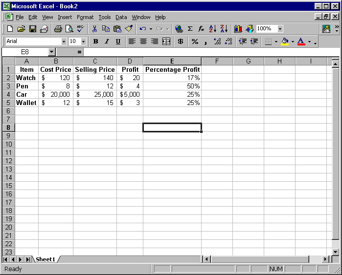 Data entered into a Microsoft Excel spreadsheet