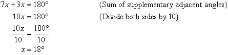 By applying the sum of supplementary adjacent angles, we find that x equals 18