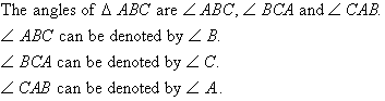 The angles of triangle ABC are angle ABC, angle BCA and angle CAB.
