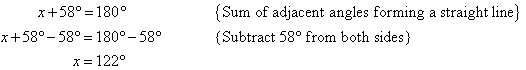 x = 122 since the sum of adjacent angles forming a straight line is 180