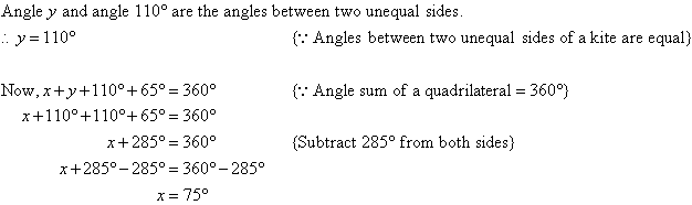 y = 110 because the angles between two unequal sides of a kite are equal.  x = 75 as the angle sum of a quadrilateral is 360.