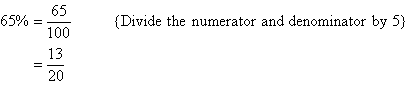 65% = 13/20     {Divide the numerator and denominator by 5}